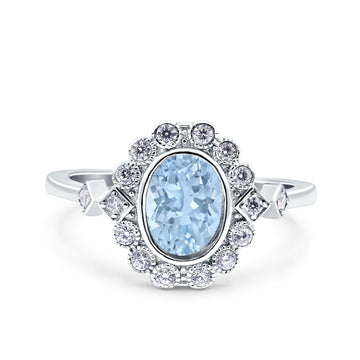 Halo Art Deco Wedding Ring Oval Simulated Aquamarine CZ 925 Sterling Silver